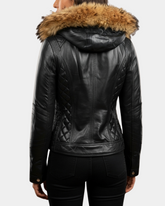 Women Detachable Hoodie Biker Leather Jacket Lily Nova Black